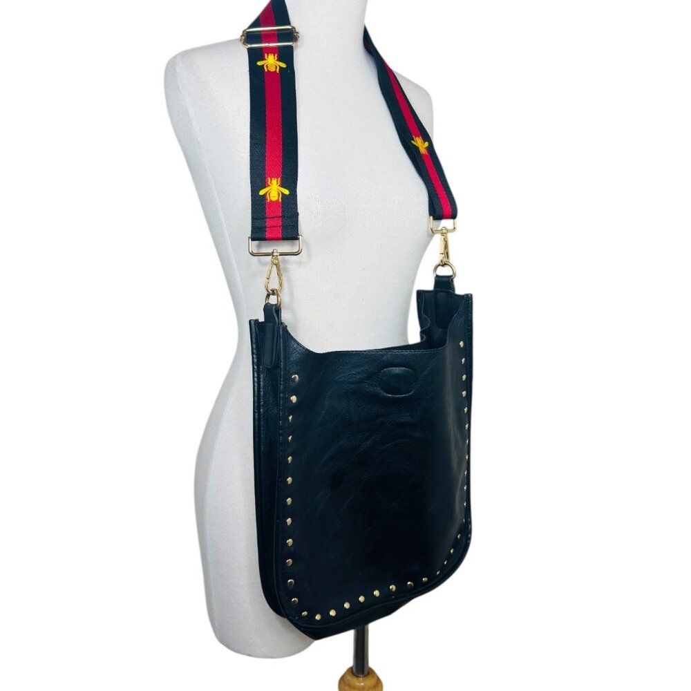 Ahdorned Studded Leather Messenger Bag Embroidered Bee Strap & Gold Hardware - Picture 7 of 9